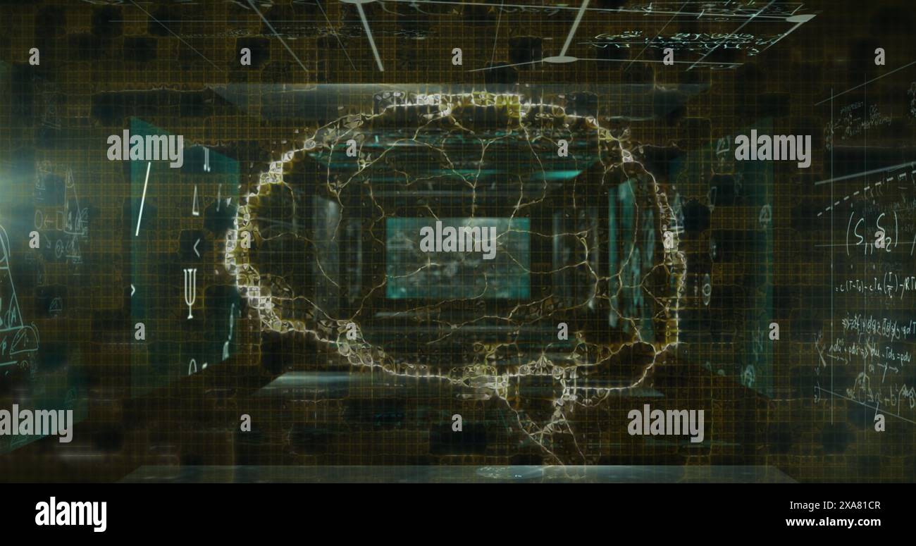 Image numérique du cerveau humain tournant contre des écrans avec équation mathématique Banque D'Images