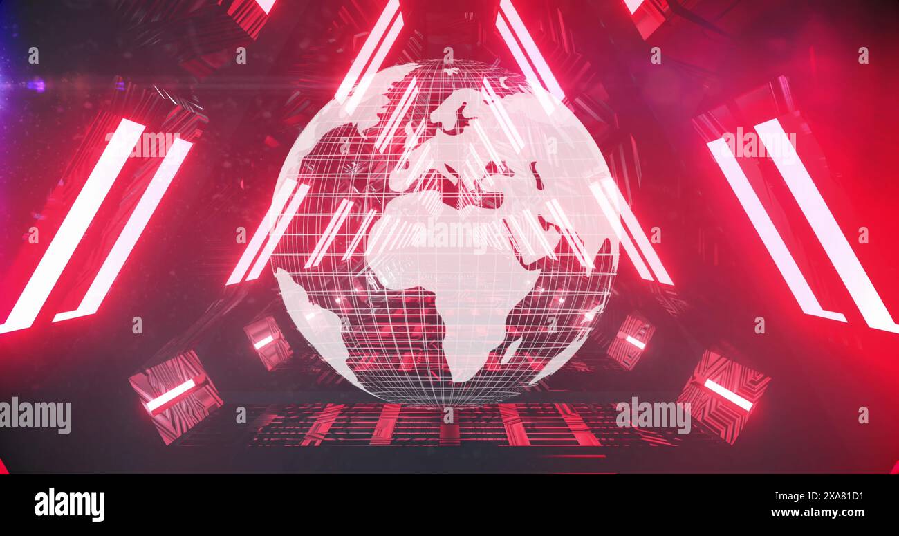 Image d'un globe numérique au design filaire illuminé par des lumières rouges éclatantes Banque D'Images