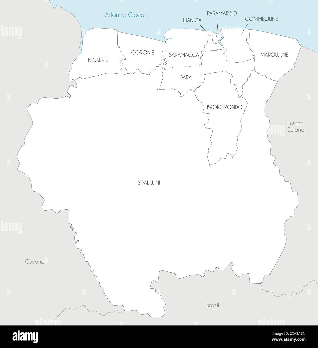 Carte vectorielle du Suriname avec les districts et les divisions administratives, et les pays voisins. Calques modifiables et clairement étiquetés. Illustration de Vecteur