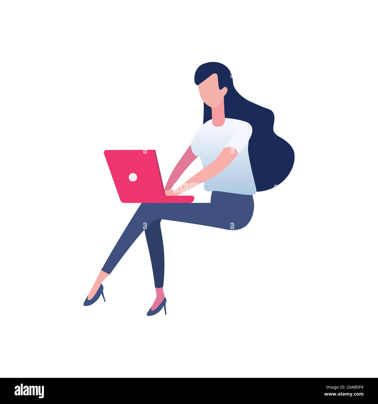 Femme assise et travaillant isolée sur fond blanc. Illustration conceptuelle pour le travail, les études, l'éducation, le travail à domicile. Illustration de Vecteur