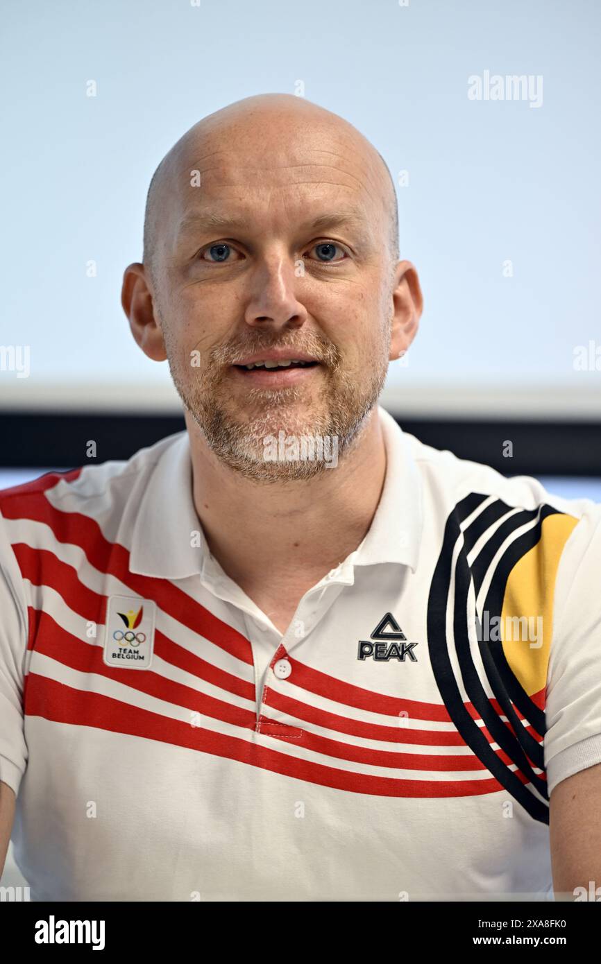 Bruxelles, Belgique. 05 juin 2024. Le chef de mission Olav Spahl photographié lors d’une conférence de presse pour présenter la troisième partie de la sélection des athlètes de Team Belgium pour les Jeux Olympiques de Paris 2024, à Bruxelles, mercredi 05 juin 2024. BELGA PHOTO ERIC LALMAND crédit : Belga News Agency/Alamy Live News Banque D'Images