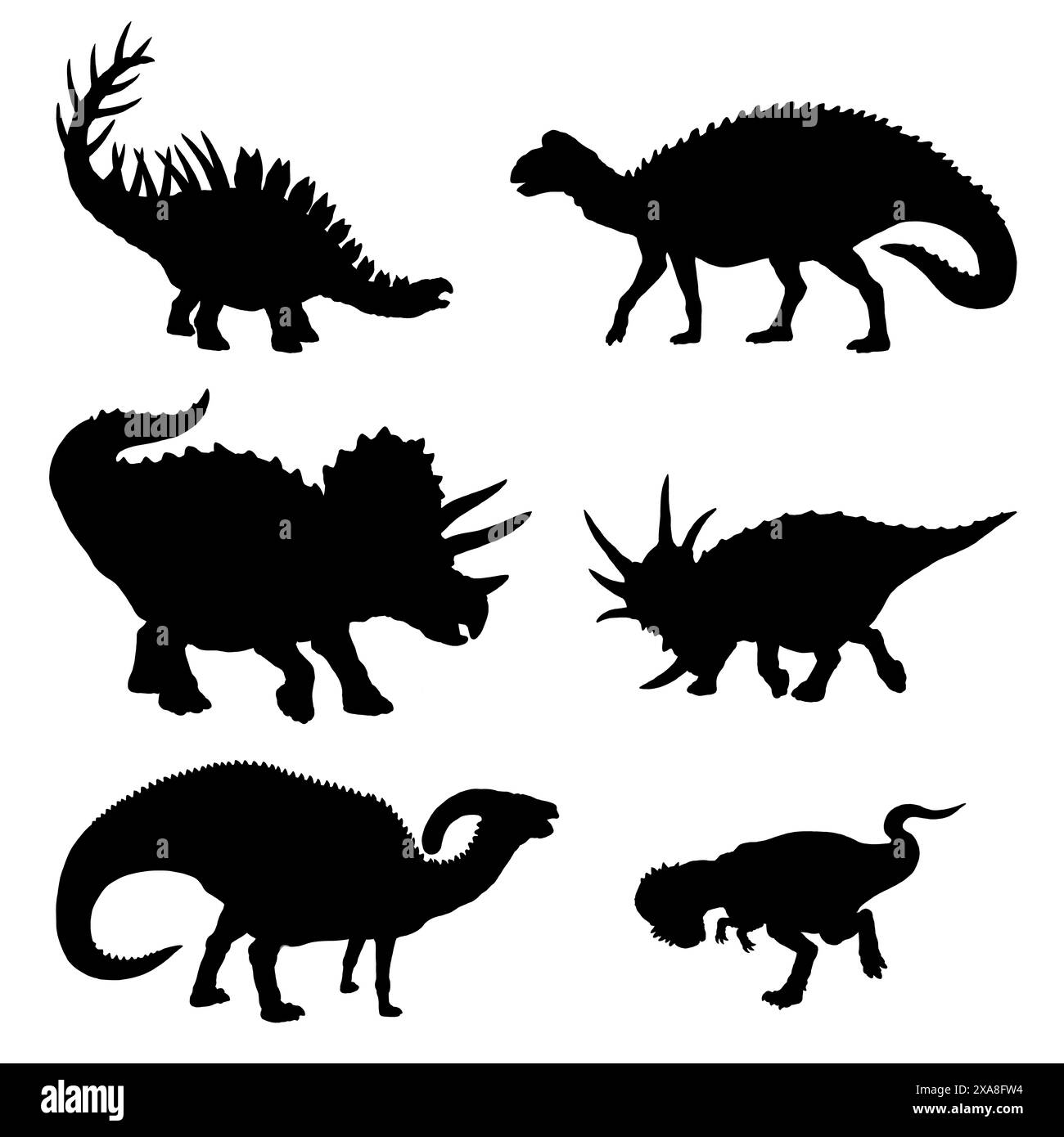 Silhouette noire de dinosaures herbivores. Edmontosaurus, Styracosaurus, Triceratops, Kentrosaurus, Pachycephalosaur et Parasaurolophus. Banque D'Images