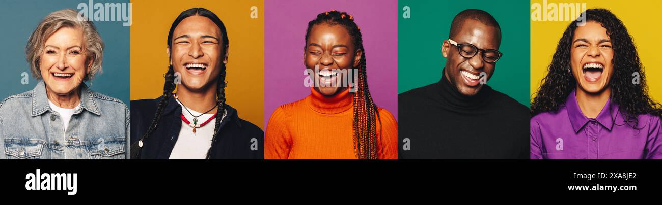 Un groupe diversifié de vraies personnes heureuses sont capturées célébrant et exprimant la joie dans un studio vibrant et coloré. Chaque individu affiche un sourire Banque D'Images