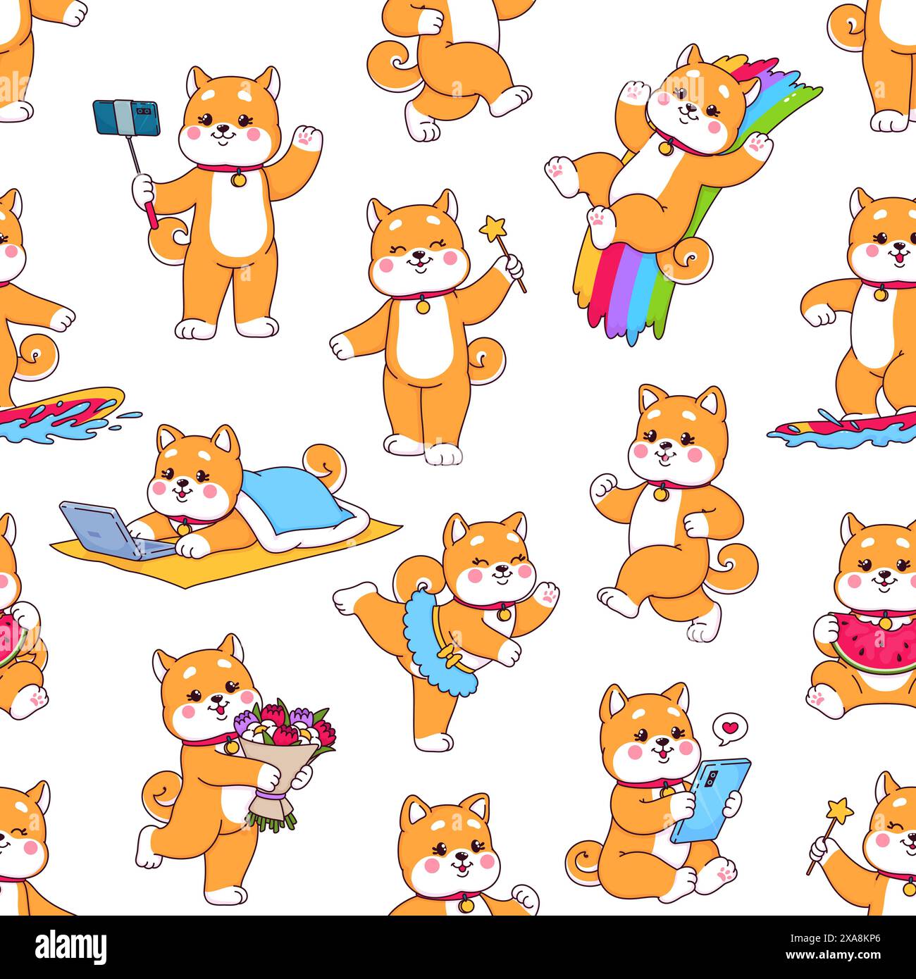 Dessin animé japonais Shiba Inu personnages de chien sans couture. Fond sans couture de papier peint ou de tissu, impression de papier d'emballage ou motif vectoriel avec des personnages de danse, de repas et de surf kawaii Shiba Inu Illustration de Vecteur