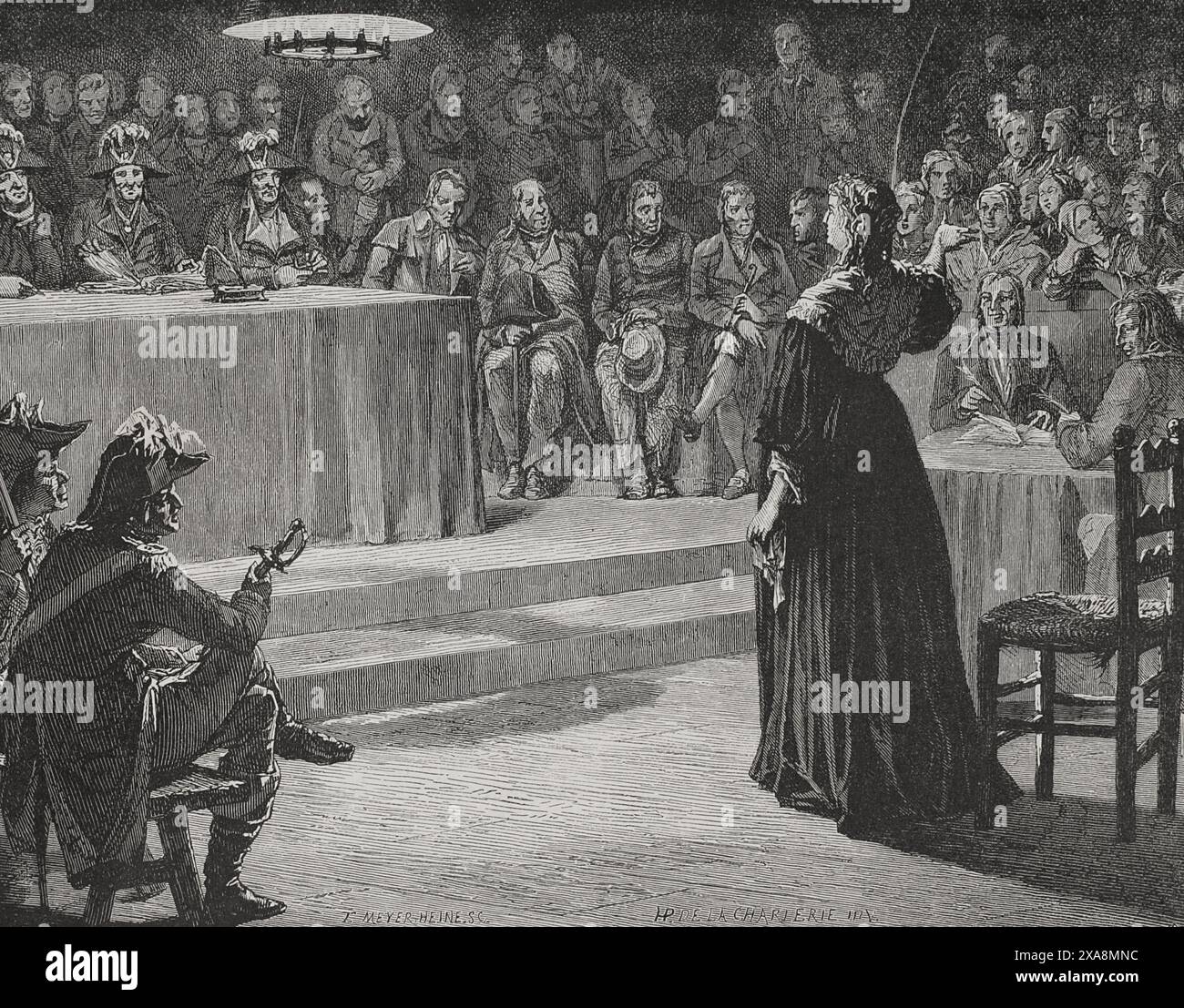 Marie-Antoinette (1755-1793) Reine consort de France par son mariage avec Louis XVI de France. Marie-Antoinette face au Tribunal révolutionnaire en 1793. Elle a été condamnée à mort le 16 octobre 1793. Dessin de Hippolyte de la Charlerie. Gravure de Meyer-Heine. "Histoire de la Révolution française". Volume I, 1876. Banque D'Images