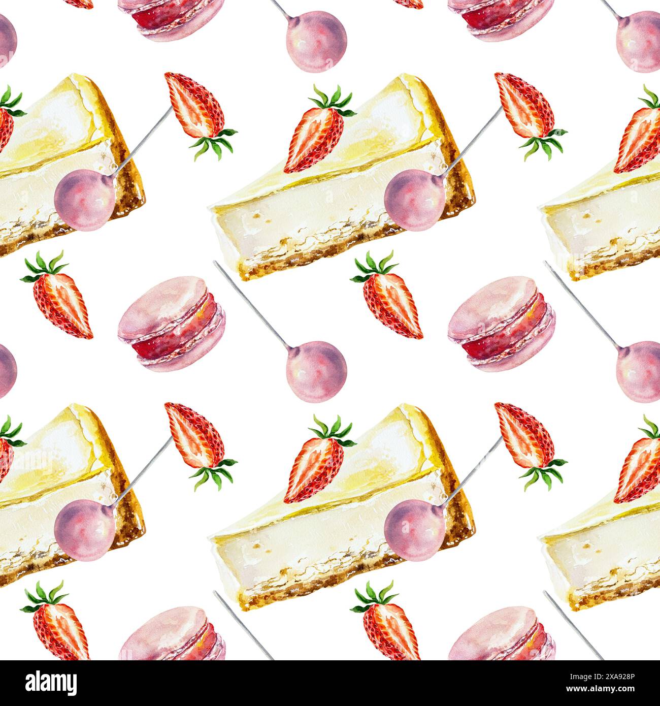 Gâteaux motif sans couture. Cheesecake, macaron, fraise, cake POPS. Illustration d'aquarelle dessinée à la main isolée sur fond blanc. Cartes, emballage Banque D'Images