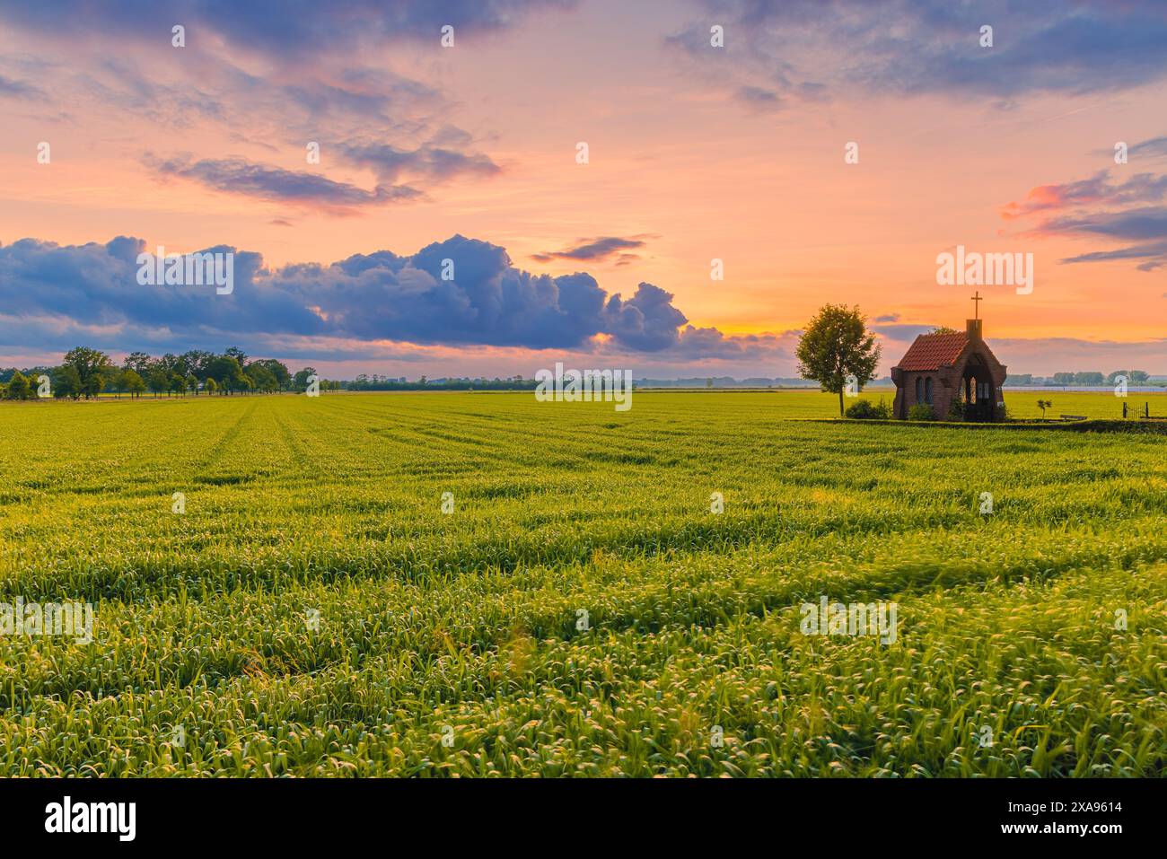 Une image d'un magnifique coucher de soleil au monument de la seconde Guerre mondiale 'notre Dame de la floraison Betuwe' à Bemmel (municipalité de Lingewaard), aux pays-Bas Banque D'Images
