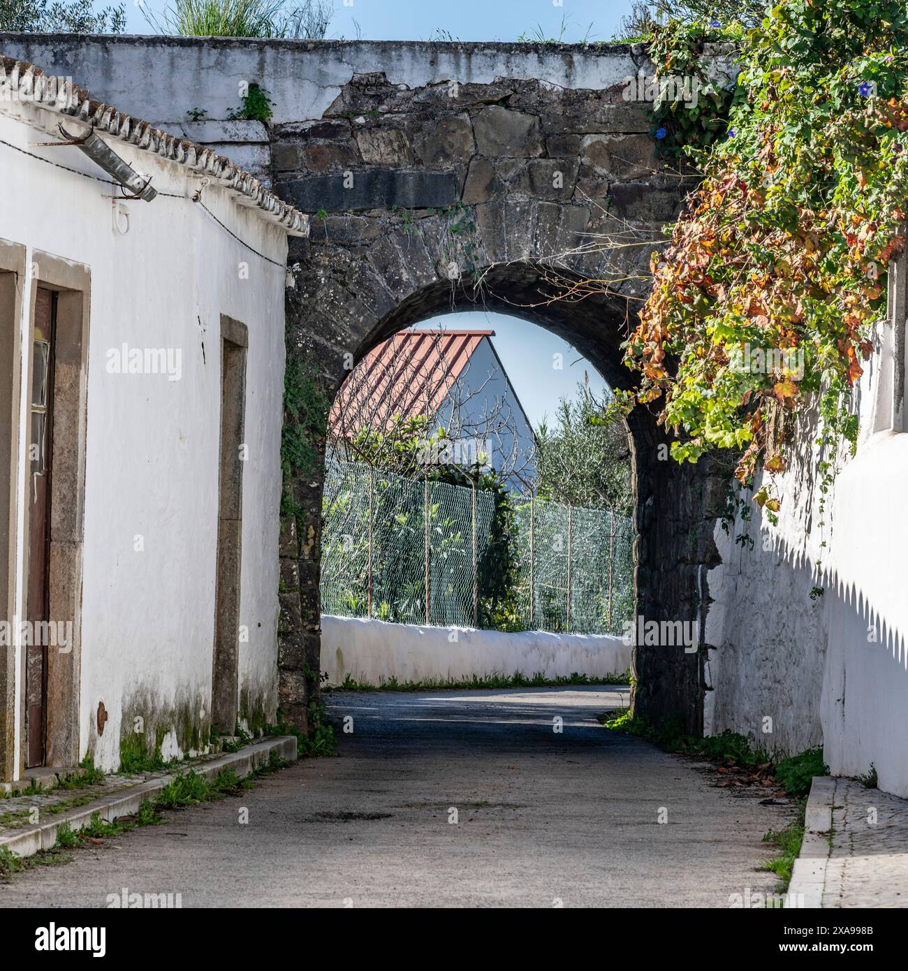 Arche en pierre le long d'une route étroite à São Brás de Alportel, Faro, Portugal Banque D'Images