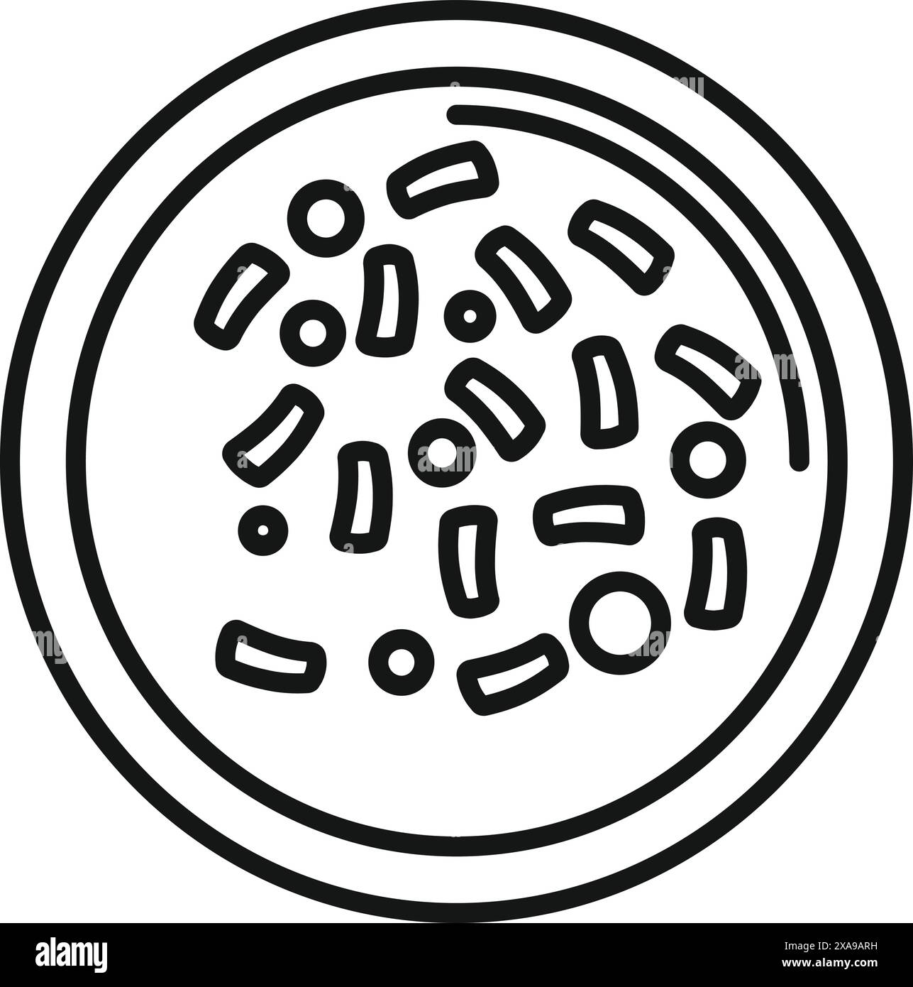 Gros plan illustration vectorielle en noir et blanc de bactéries sous une lentille de microscope dans une boîte de Petri de laboratoire scientifique pour la recherche biologique et l'analyse d'expériences microbiologiques par un scientifique Illustration de Vecteur