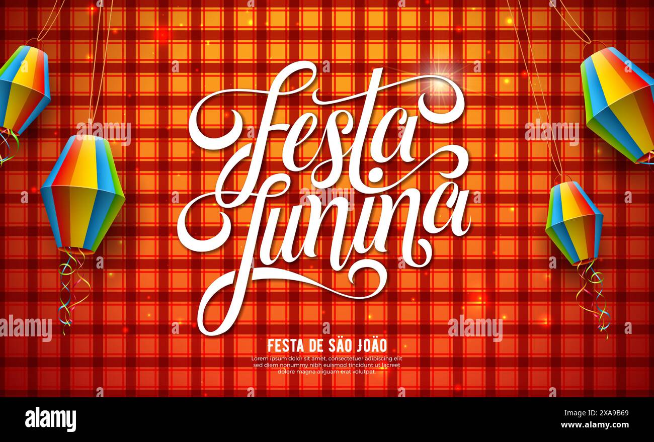 Illustration de Festa Junina avec lanterne en papier coloré et lettre de typographie sur fond à carreaux rouge. Vector Festa de Sao Joao Brésil juin Illustration de Vecteur
