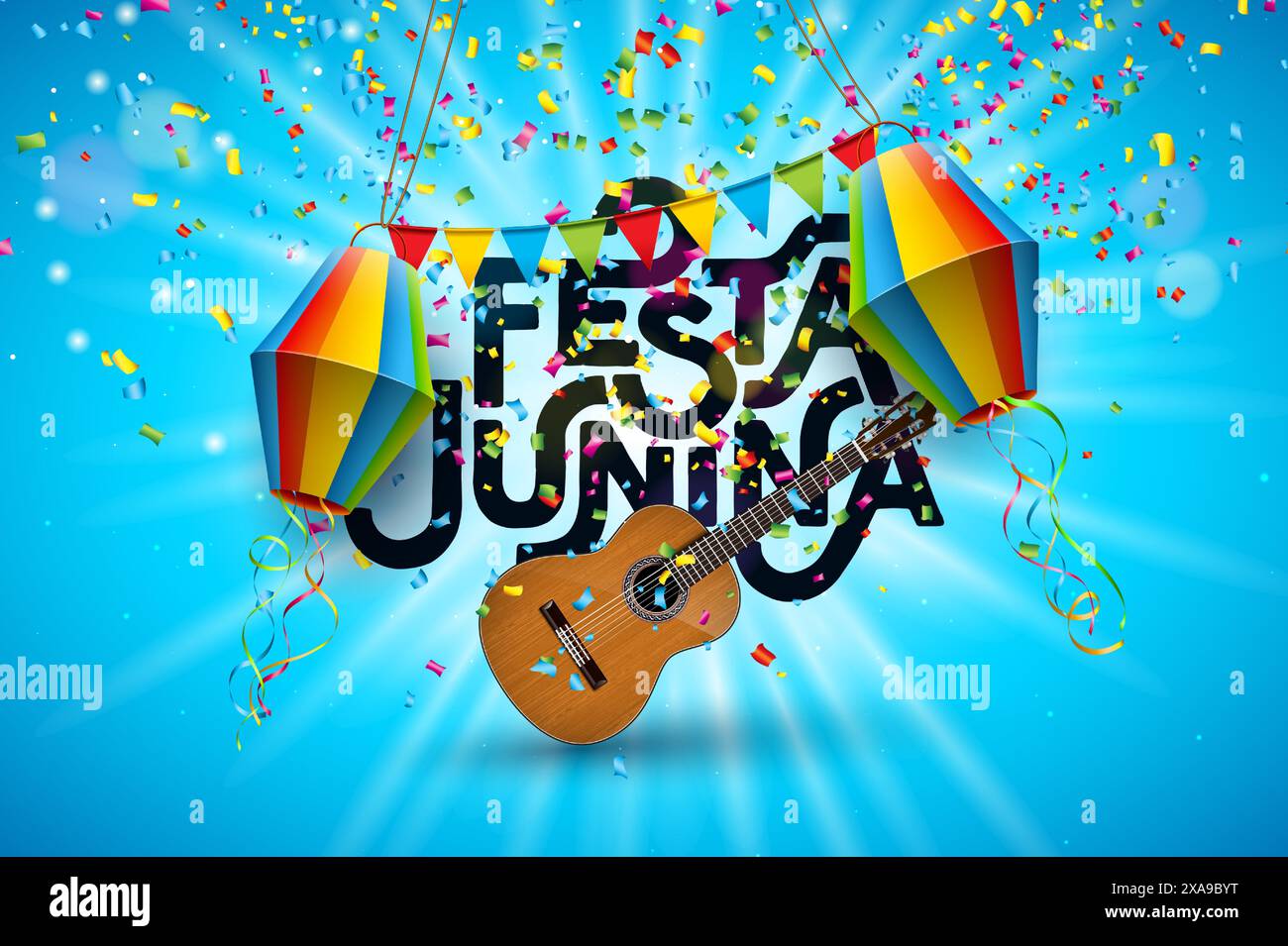 Illustration Festa Junina avec le lettrage Portugal Arraia sur panneau de bois vintage sur fond bleu ciel. Vector Brazil June Sao Joao Festival Design Illustration de Vecteur