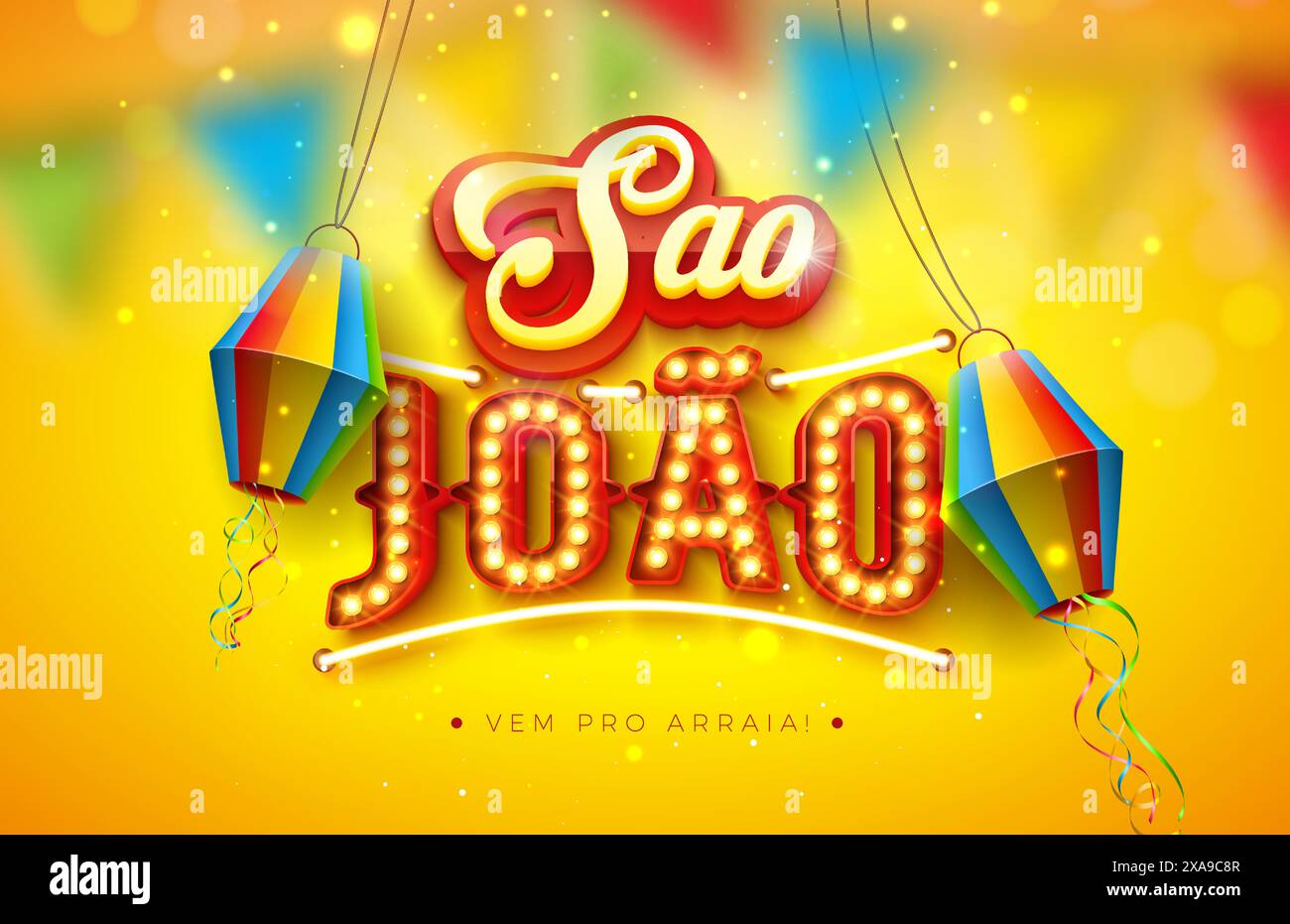 Illustration de Festa Junina avec lanterne en papier, drapeaux de fête et lettrage de panneau d'affichage d'ampoule de Sao Joao sur fond jaune. Vecteur Brésil juin Illustration de Vecteur