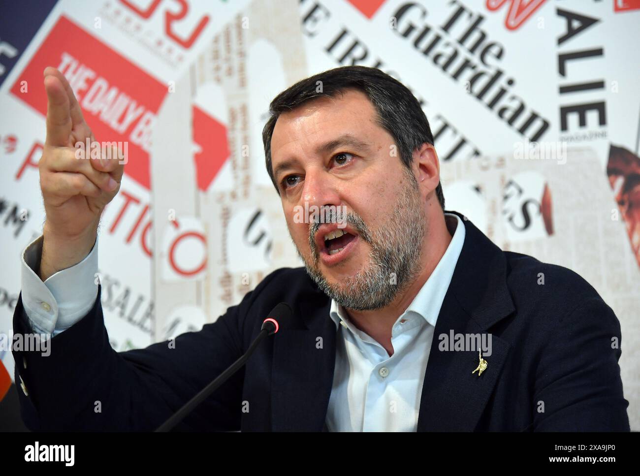 Italie, Rome, 5 juin 2024 : le leader de la Ligue (Lega), Matteo Salvini, lors de la conférence de presse au siège de la presse étrangère, en vue des prochaines élections européennes. Photo © Fabio Cimaglia/Sintesi/Alamy Live News Banque D'Images
