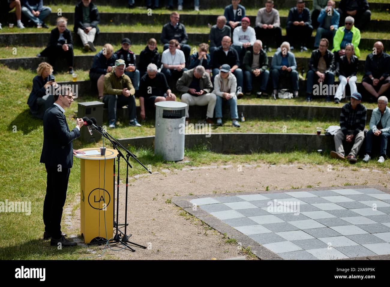 Skanderborg, Danemark. 05 juin 2024. Alex Vanopslagh, chef de l'opposition et chef du parti de l'Alliance libérale, prend la parole lors de la réunion constitutionnelle au parc municipal de Skanderborg, le mercredi 5 juin 2024 crédit : Ritzau/Alamy Live News Banque D'Images