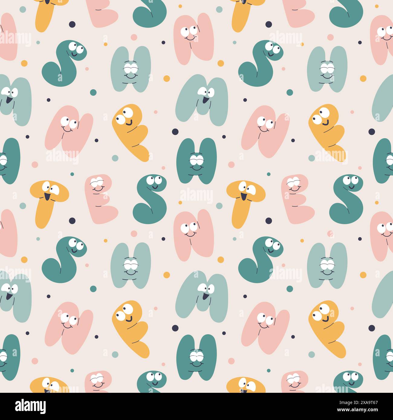 Motif sans couture dessiné à la main avec des lettres à bulles souriantes. Conception vectorielle de mascotte drôle. Illustration de Vecteur