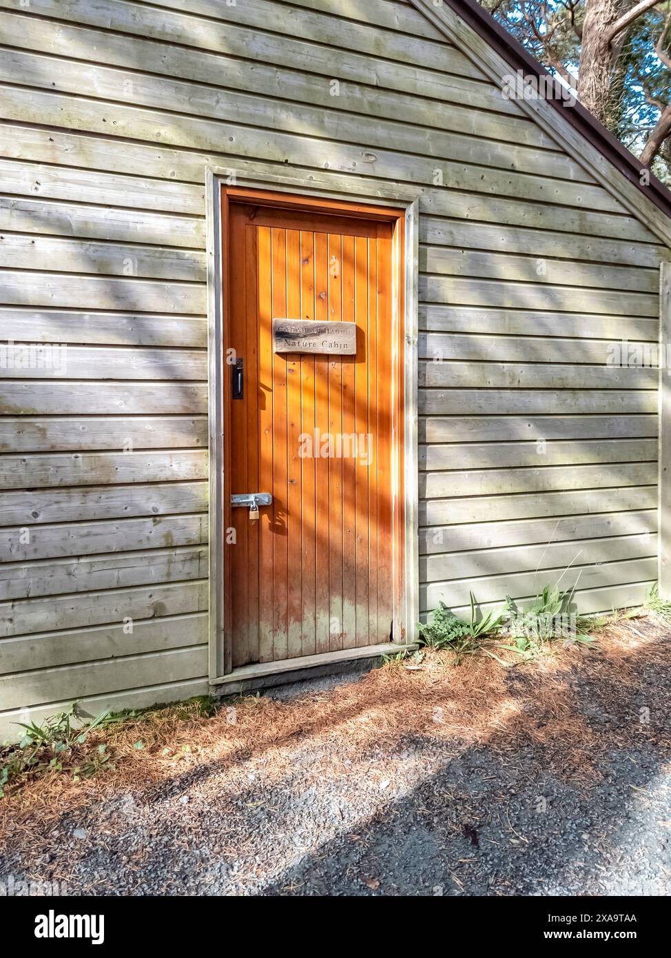 Maison en bois dans une forêt dans le comté de Donegal - Irlande, panneau expliquant en irlandais et en anglais : nature Cabin. Banque D'Images