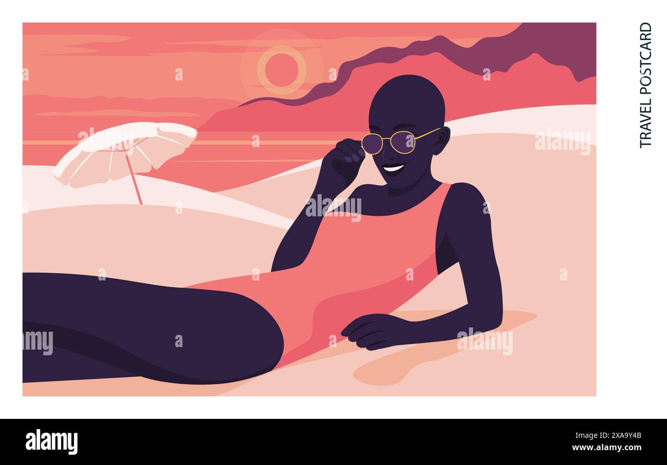 Femme africaine couchée sur la plage de sable sur le fond avec la mer et les montagnes. Vacances d'été dans les stations du sud. Illustration vectorielle plate Illustration de Vecteur