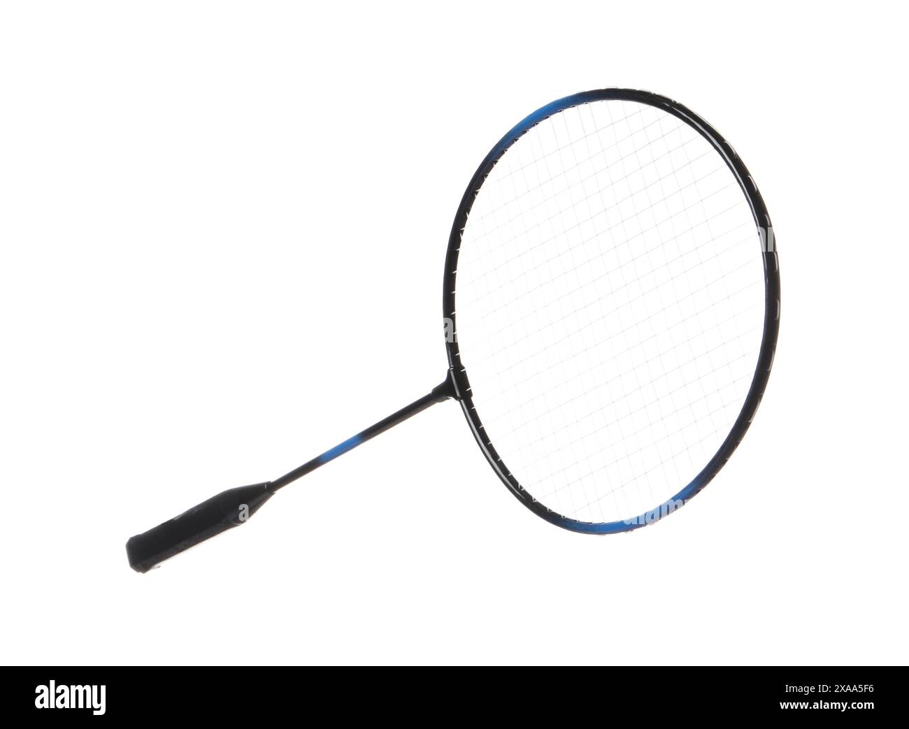 Une raquette de badminton isolée sur blanc. Équipement de sport Banque D'Images