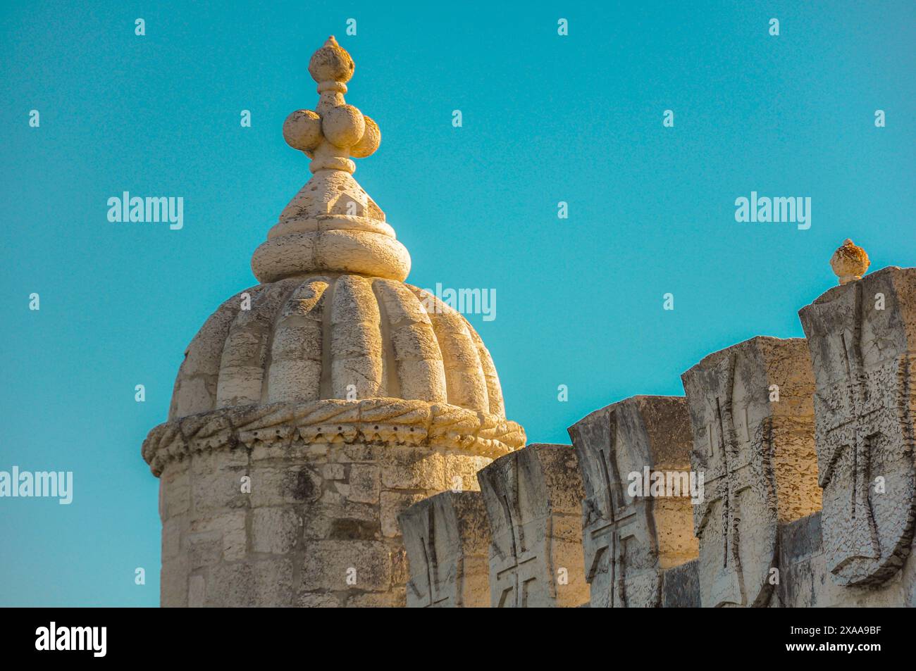 Tour de Belem, l'un des sites les plus emblématiques et photographiés de toute Lisbonne, style manuel portugais Banque D'Images