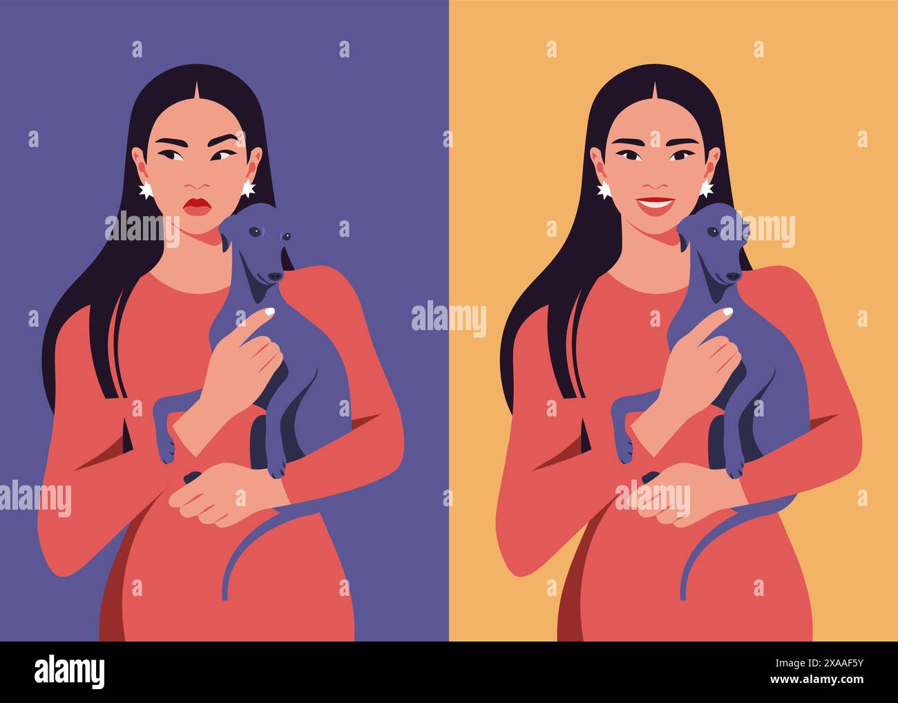 Une jeune femme asiatique tenant un chiot lévrier italien. Propriétaire de chien heureux et anxieux. Vétérinaire. Illustration vectorielle dans un style plat Illustration de Vecteur