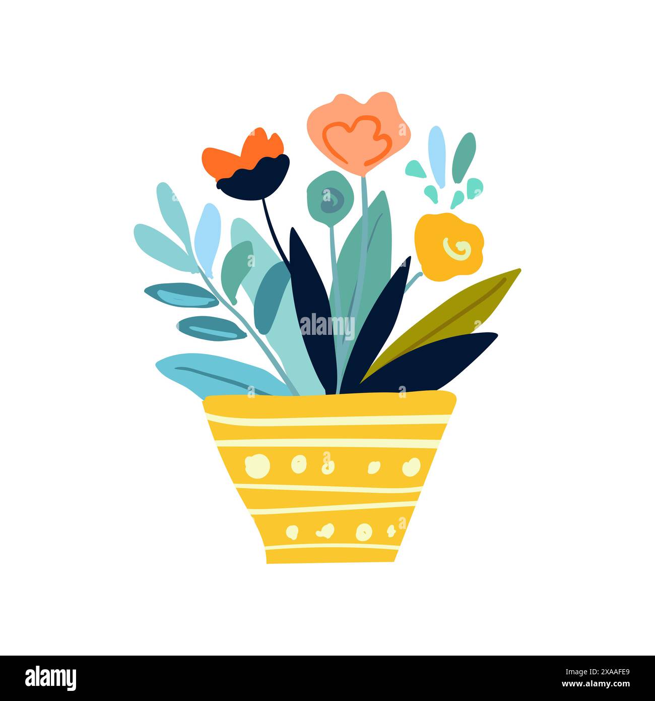 Illustration isolée de fleurs délicates minimalistes dans un pot jaune, conçue dans un style folklorique. Convient pour l'impression, la décoration, l'impression d'affiches, la décoration à la maison. Illustration de Vecteur