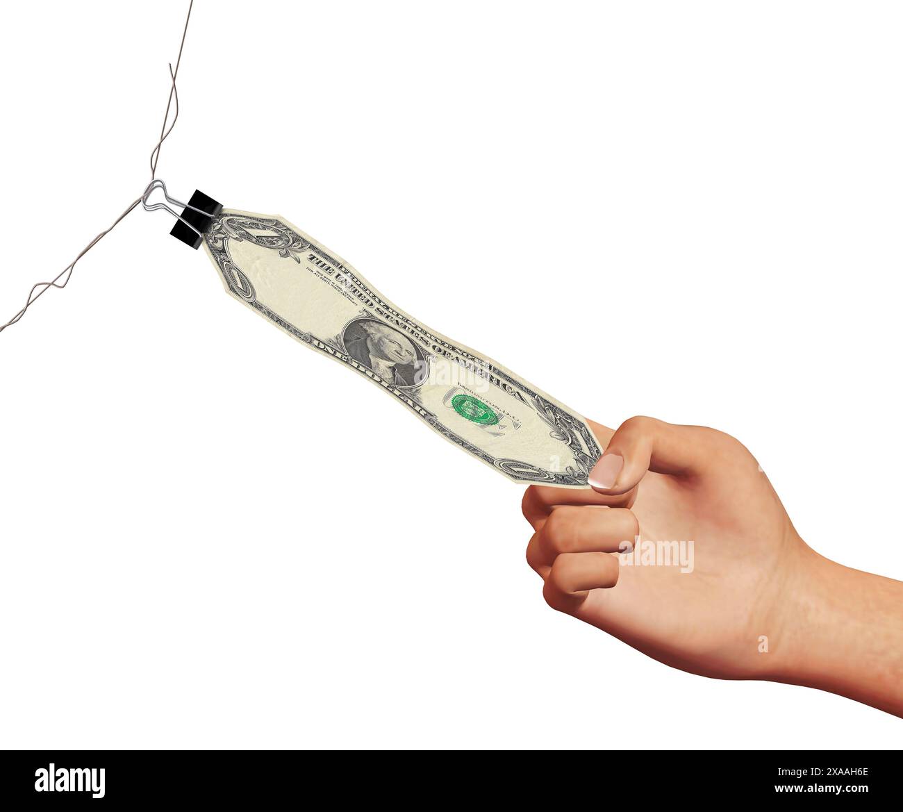 Une main étire un dollar dans cette illustration en 3D sur le rythme de l'inflation dans l'économie. Ceci est isolé sur un fond blanc avec du texte Banque D'Images