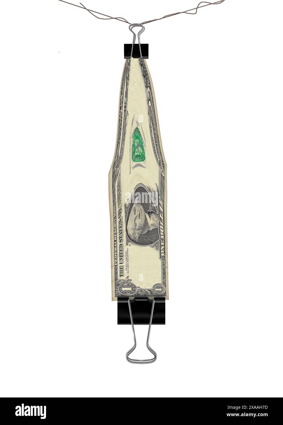 Une main étire un dollar dans cette illustration en 3D sur le rythme de l'inflation dans l'économie. Ceci est isolé sur un fond blanc avec du texte Banque D'Images