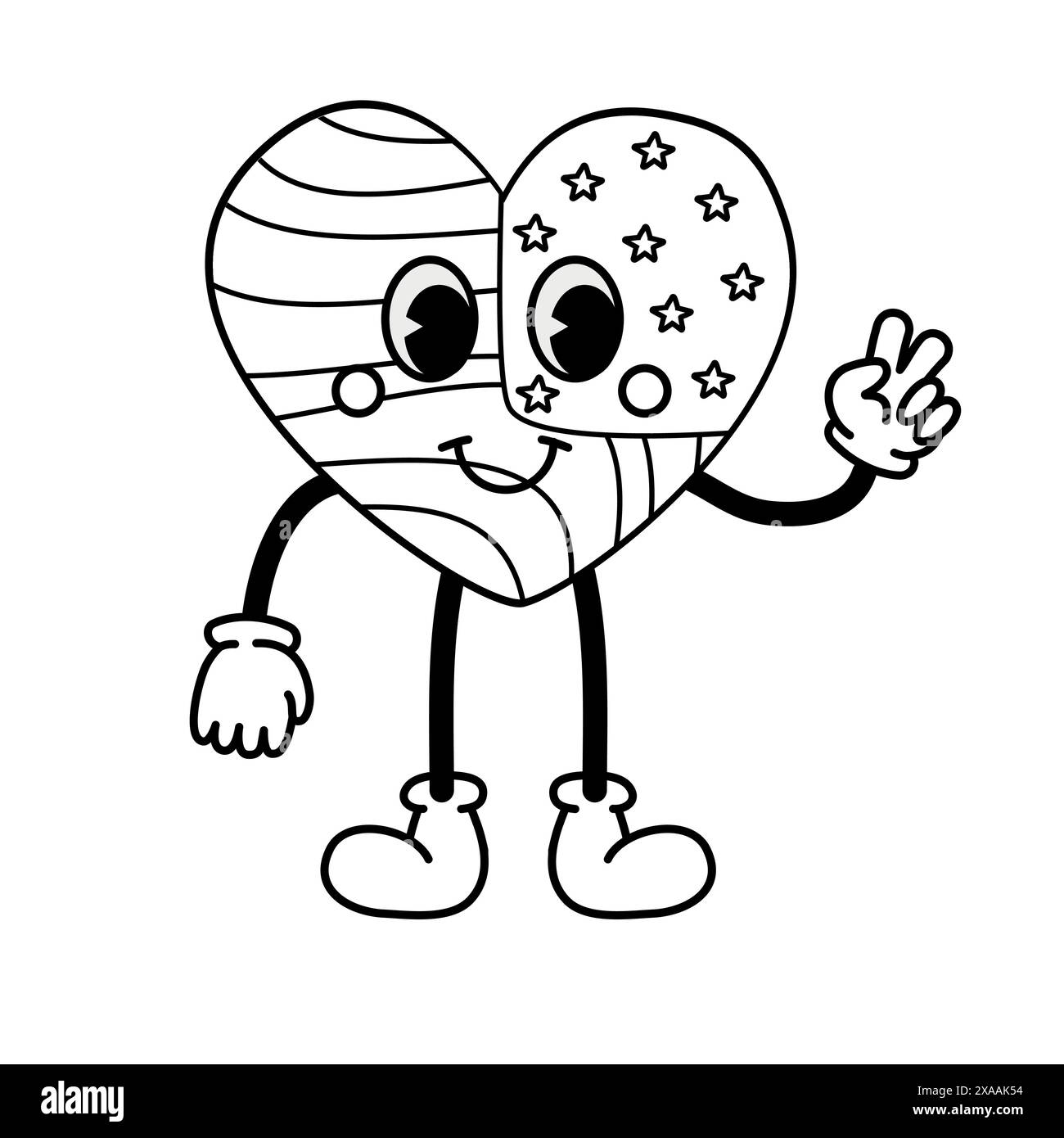 Vector rétro groovy Cartoon Heart avec le drapeau des États-Unis Illustration de Vecteur