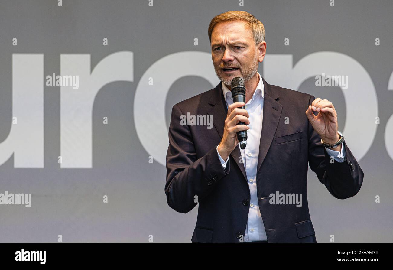 Stuttgart, Allemagne, 3 juin 2024 : Christian Lindner, ministre fédéral des Finances et président du Parti démocratique libre d'Allemagne (FDP) pendant la sienne Banque D'Images