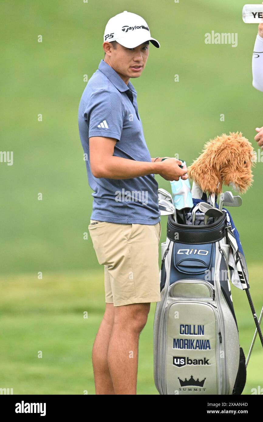 Dublin, Ohio, États-Unis. 5 juin 2024. Collin Morikawa (USA) sur le putting green pendant le Golden Bear Pro Am au Memorial Tournament à Dublin, Ohio. Brent Clark/Cal Sport Media/Alamy Live News Banque D'Images