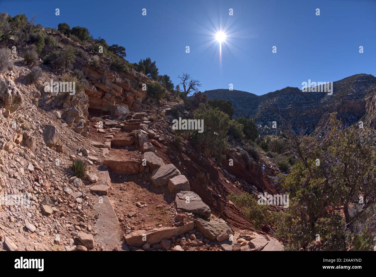 Le sentier très rocheux du sentier Hermit Canyon non entretenu au Grand Canyon en hiver avec Waldron Canyon sur la gauche, Grand Canyon, Arizona, États-Unis Banque D'Images