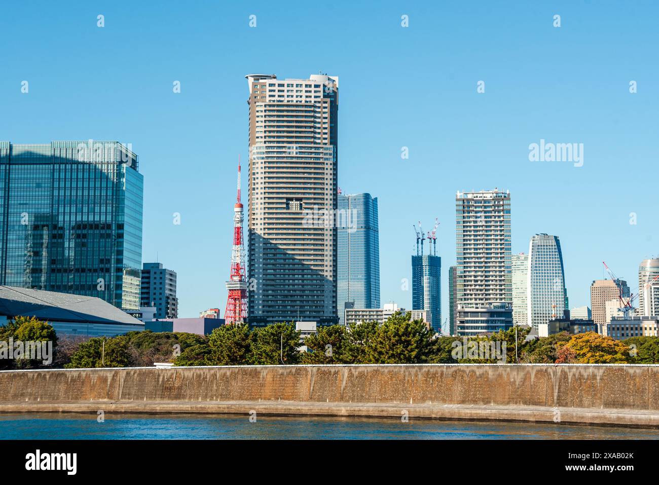 Bâtiment de grande hauteur en bord de mer avec l'emblématique tour de Tokyo et le ciel bleu, Tokyo, Honshu, Japon, Asie Banque D'Images