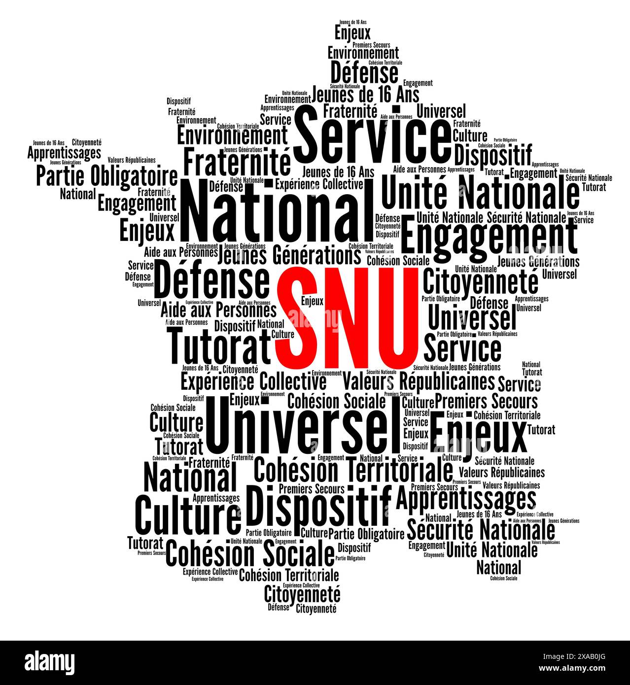 SNU service national universel en France nuage de mots appelé service national universel en langue française Banque D'Images