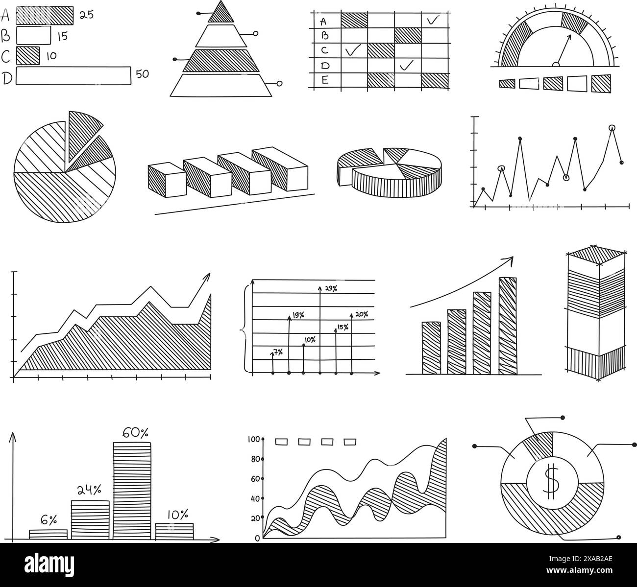 Graphiques et diagrammes dessinés à la main. Esquissez des éléments infographiques d'entreprise, des diagrammes à barres et à secteurs, des graphiques linéaires et des diagrammes vectoriels. Illustration de Vecteur