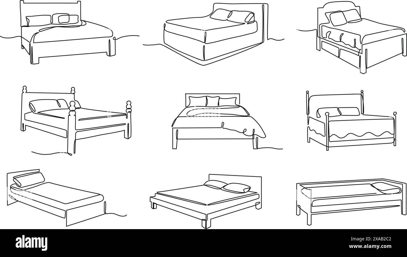 Lit à une ligne. Meubles de chambre confortables, lits simples, doubles et king size d'art minimaliste avec ensemble d'illustration vectorielle d'oreillers. Illustration de Vecteur