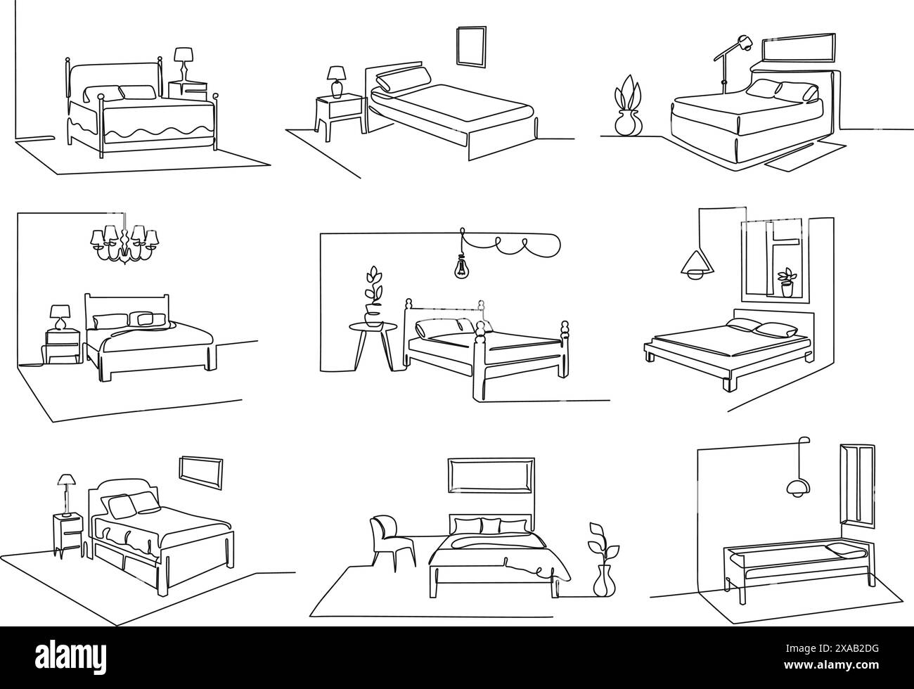 Intérieurs de chambre à une ligne. Matelas ou meubles de lit confortables. Ensemble d'illustration vectorielle minimaliste de dessin au trait. Illustration de Vecteur