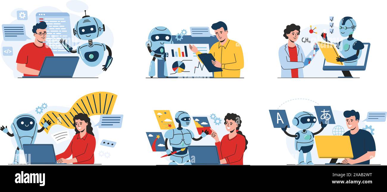 Assistant de travail IA. Bots aide les gens avec la programmation, l'analyse de données, la recherche scientifique, l'écriture créative, l'art génératif et l'apprentissage des langues Illustration de Vecteur