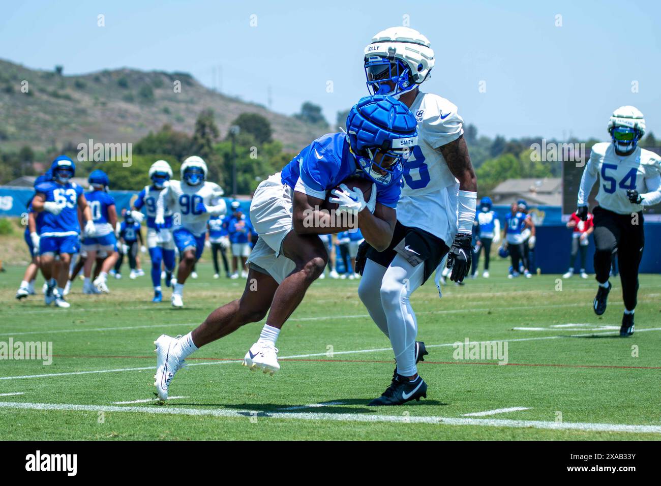 Le receveur Xavier Smith (19 ans) des Rams de Los Angeles lors des activités d'équipe organisées à l'Université luthérienne de Cal, le mercredi 4 juin 2024, à Thousand Oaks, Calif. (Aliyah Navarro/image du sport) Banque D'Images