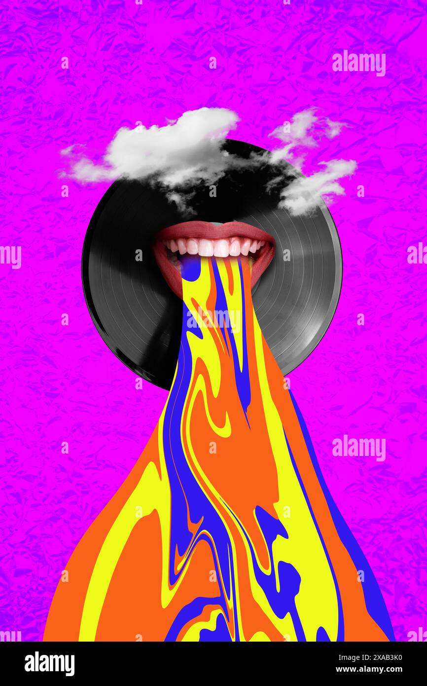 Photo bande dessinée esquisse collage image de bouche avalant gomme colorée fond graphique isolé Banque D'Images