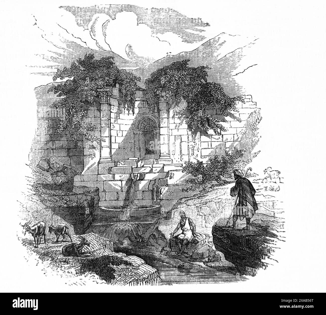 Gravure sur bois de la fontaine Saint-Philippe près de l'endroit où Saint-Philippe a baptisé l'eunuque éthiopien la fontaine est considérée comme la fontaine Dhirweh i Banque D'Images