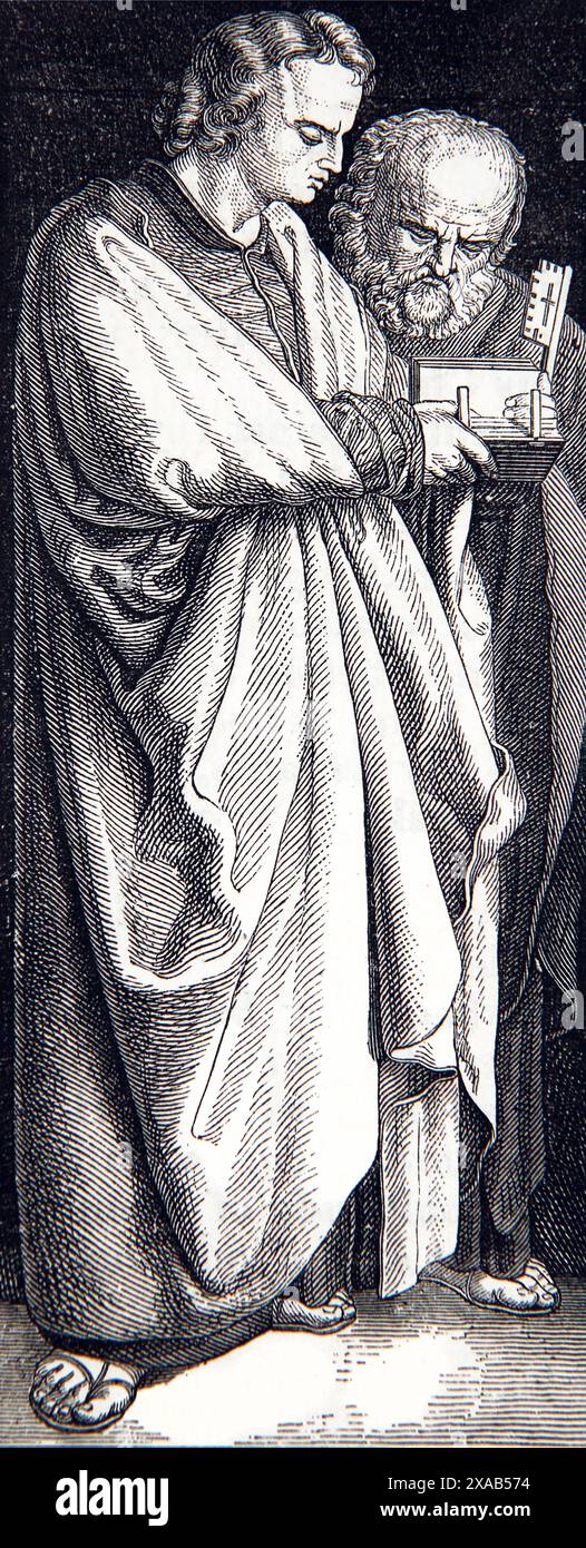 Gravure sur bois de Saint Pierre et Saint Jean de l'ancienne Bible familiale illustrée du XIXe siècle Banque D'Images