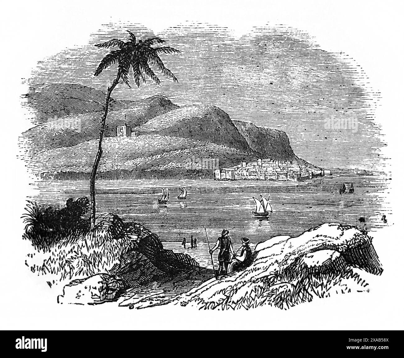 Gravure sur bois du Mont Carmel vu de Ptolémais (Acre) n ancienne Bible de la famille illustrée du XIXe siècle Banque D'Images