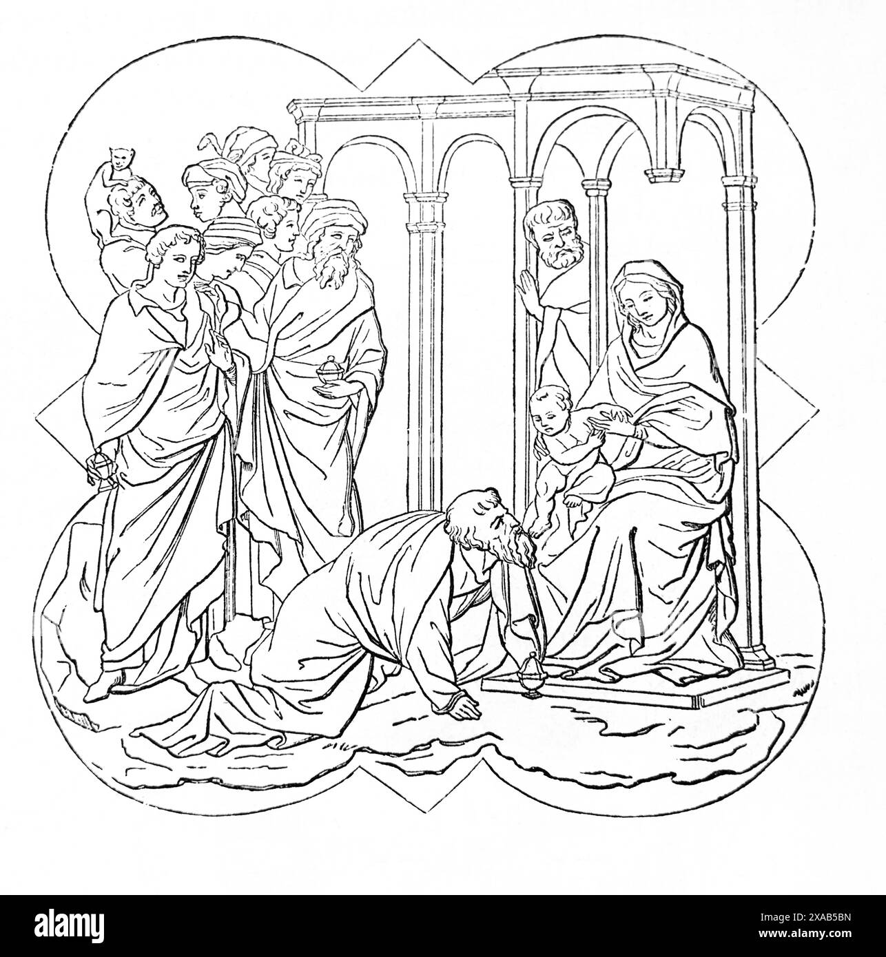 Gravure sur bois de l'Adoration des Sages de la Bible de la famille illustrée antique du XIXe siècle Banque D'Images