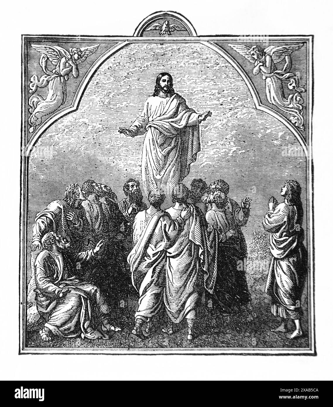 Gravure sur bois de l'Ascension de Jésus-Christ à partir de la Bible de famille illustrée antique du XIXe siècle Banque D'Images