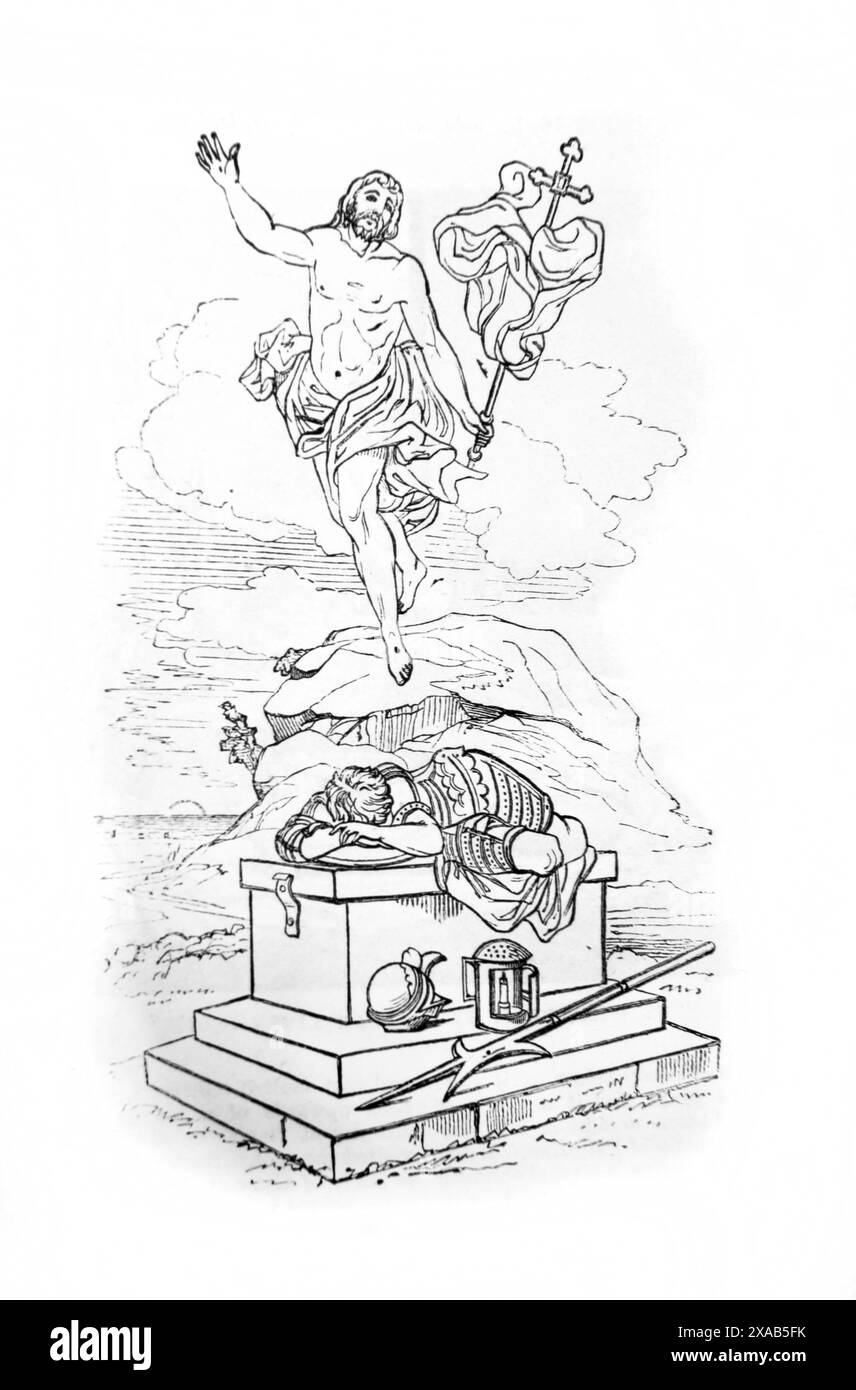 Gravure sur bois de la Résurrection de Jésus-Christ de sa tombe où un soldat romain est posé sur elle de la famille illustrée antique du XIXe siècle Banque D'Images