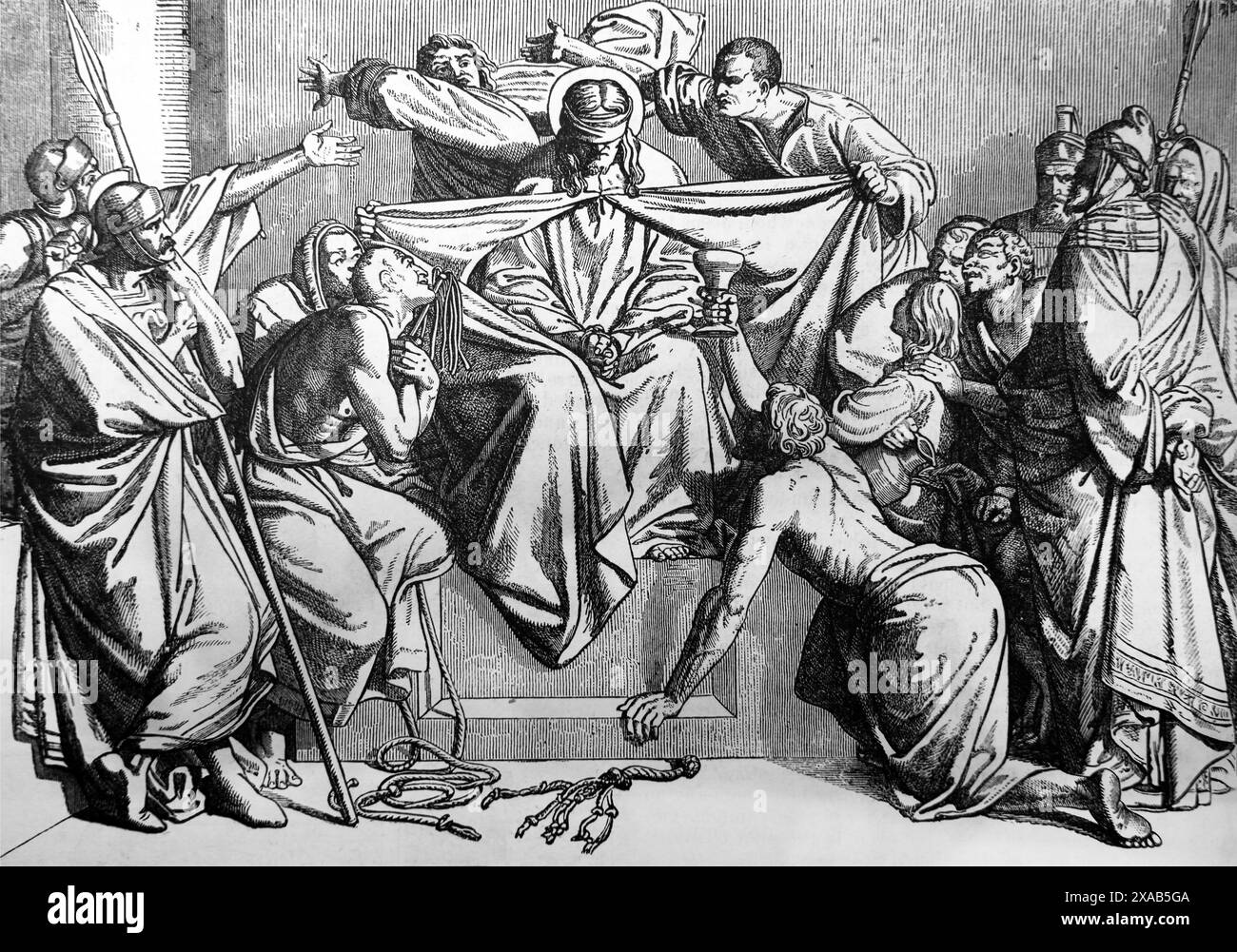 Gravure sur bois Jésus Christ est attaché et les yeux bandés après avoir été emmené à Caiaphas le Grand prêtre où les scribes et les aînés ont été assemblés Jésus Decl Banque D'Images