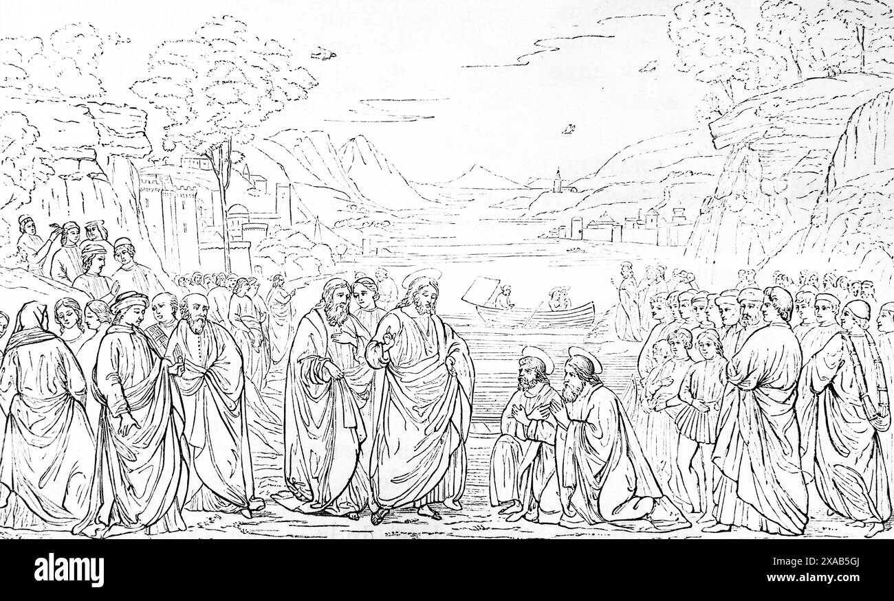 Gravure sur bois de l'appel de Simon (Pierre) et Andrew - Ghirlandajo de l'ancienne Bible de famille illustrée du XIXe siècle Banque D'Images