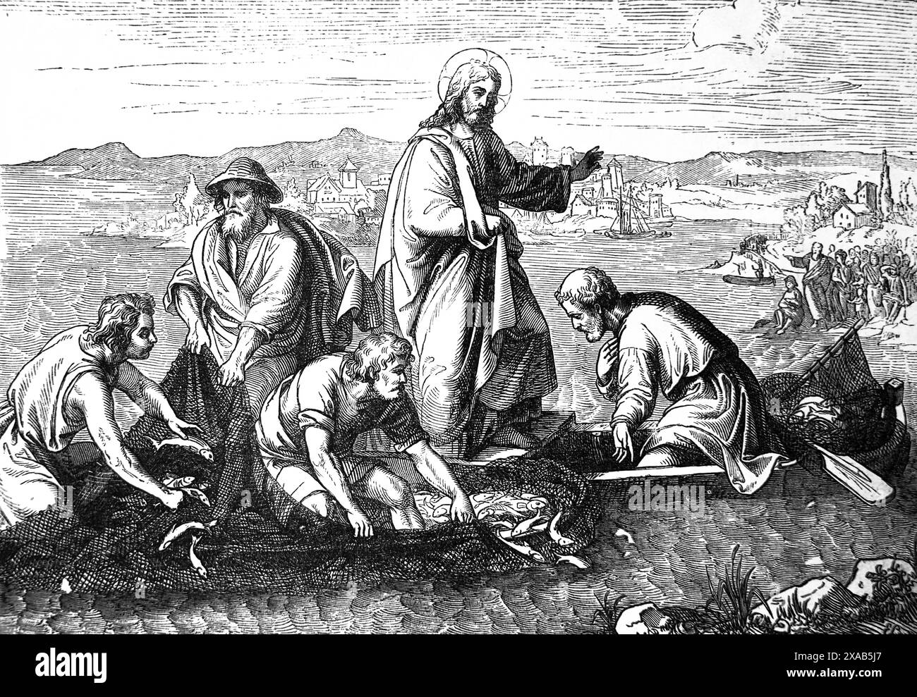 Gravure sur bois du Jésus avec Simon (Pierre) et André pêcheurs (ne craignez pas, tu seras pêcheur des hommes) - de l'Antiquité 19ème siècle illustré F Banque D'Images