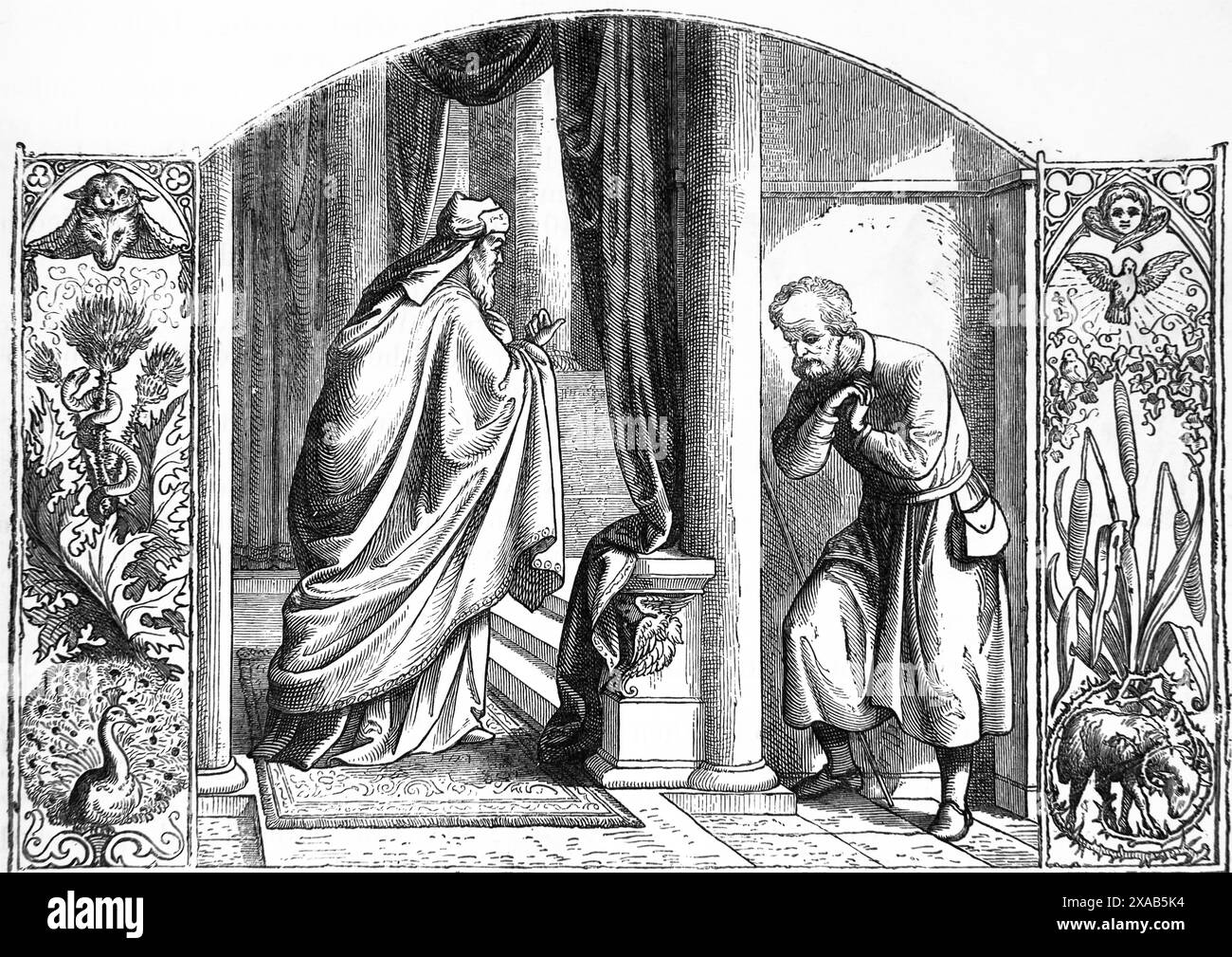 Gravure sur bois du Pharisien et du Publicain - le Pharisien a prié à quel point il était bon, mais le Publicain a prié Dieu pour la miséricorde dans la Bible de la famille illustrée antique du XIXe siècle Banque D'Images