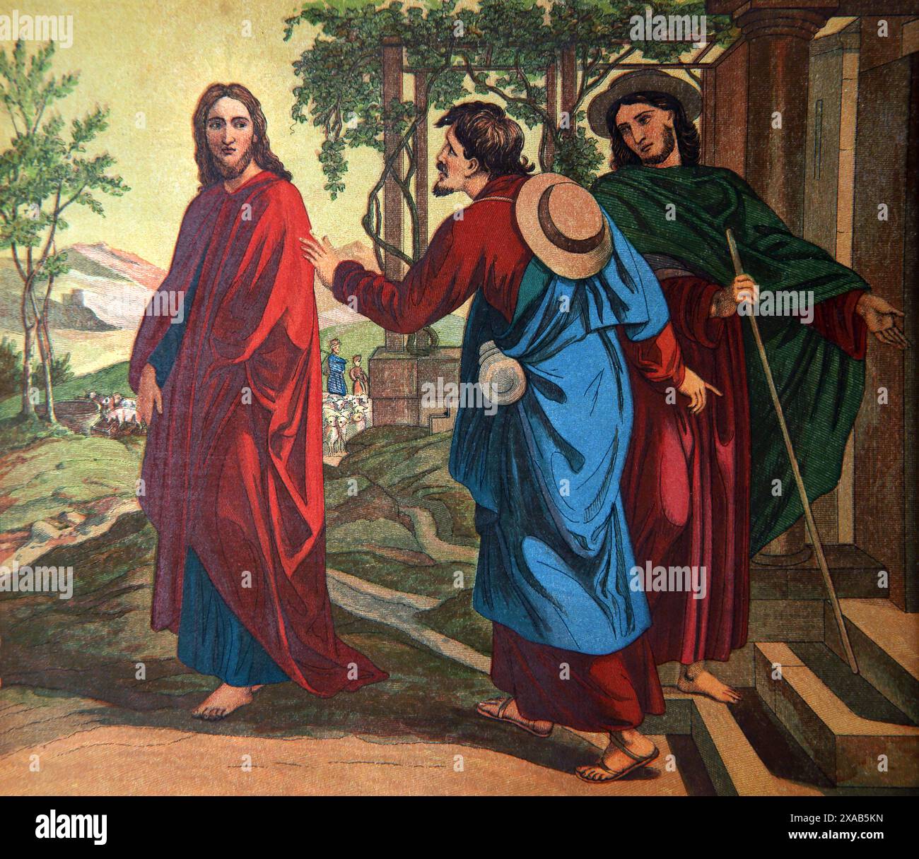 Gravure sur bois de 'Abide by US' à partir de la peinture de Schnoor - Jésus apparaît à 2 disciples sur la route d'Emmaus dans l'antique 19ème siècle illustré f Banque D'Images